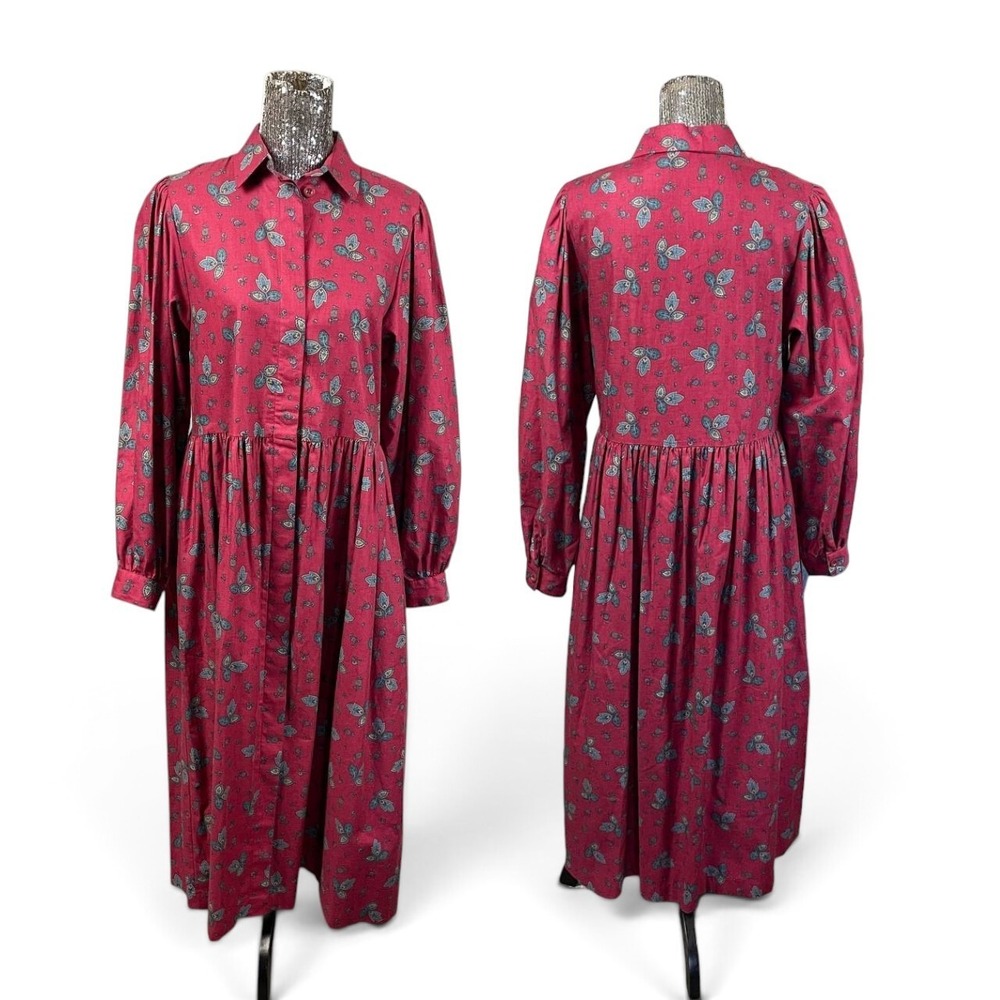 Vintage Laura Ashley Red Floral Cotton Collar Prairie Cottagecore Dress Size 10